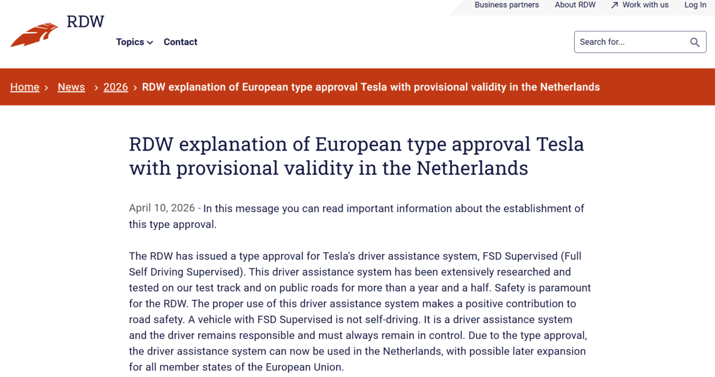 Official RDW statement on Tesla FSD type approval in the Netherlands